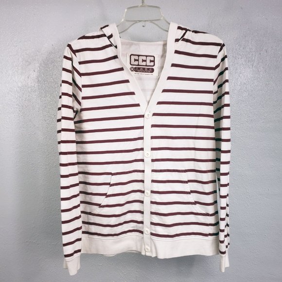 CCC Women's White Button Down Stripped Lightweight Sweater Coat Jacket Hoodie - Picture 10 of 11